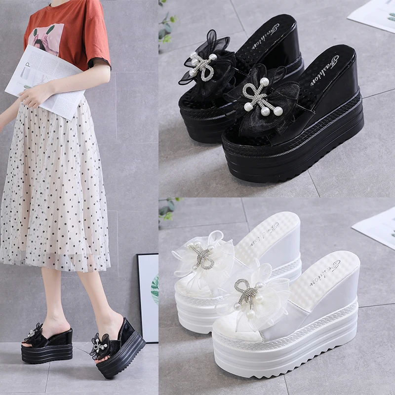 

High-Heeled Shoes Lady Butterfly-Knot Slippers Women Summer Pantofle Platform On A Wedge Luxury Slides 2022 Designer Soft Fashio