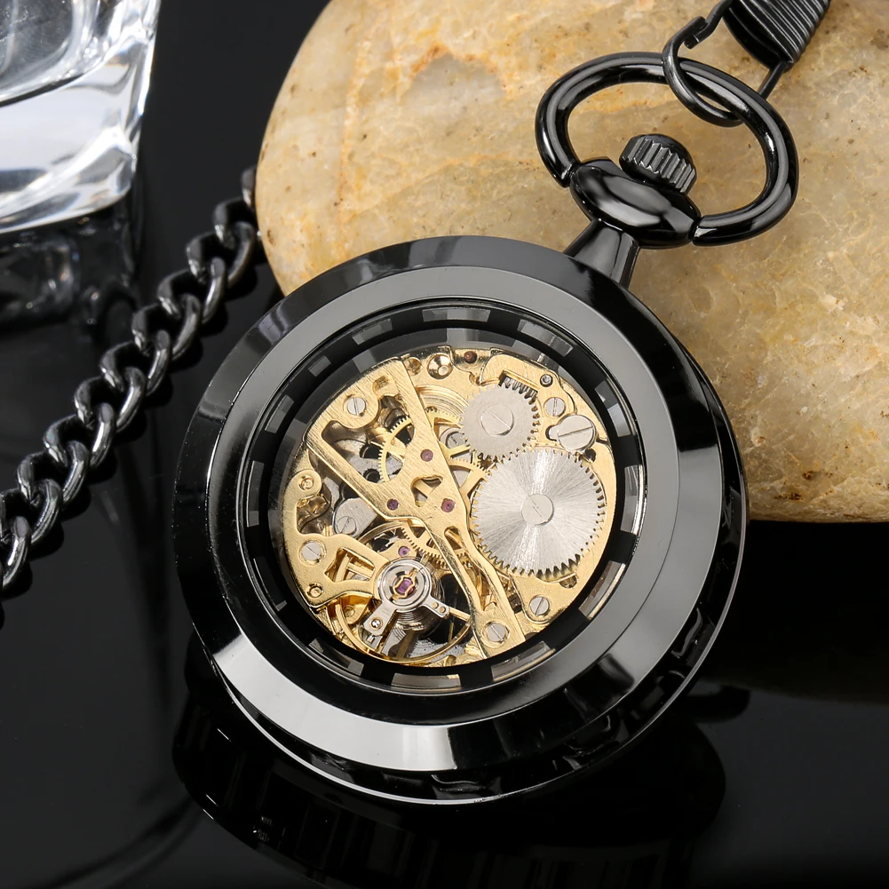 Vintage Hand-Wind Mechanical Pocket Watch Skeleton Roman Numeral Dial Black/Bronze/Silver Pendant Clock for Men Retirement Gifts