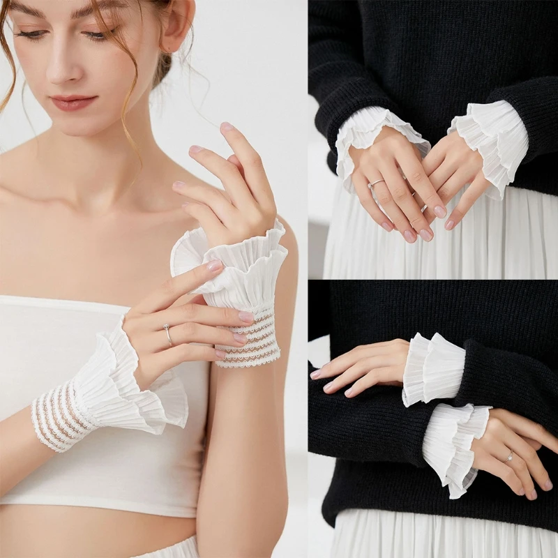 

Fake Flare Ruffle Sleeves Girls Pleated False Cuffs for Women Sweater Wrist Warmers Female White Horn Cuffs Accessories