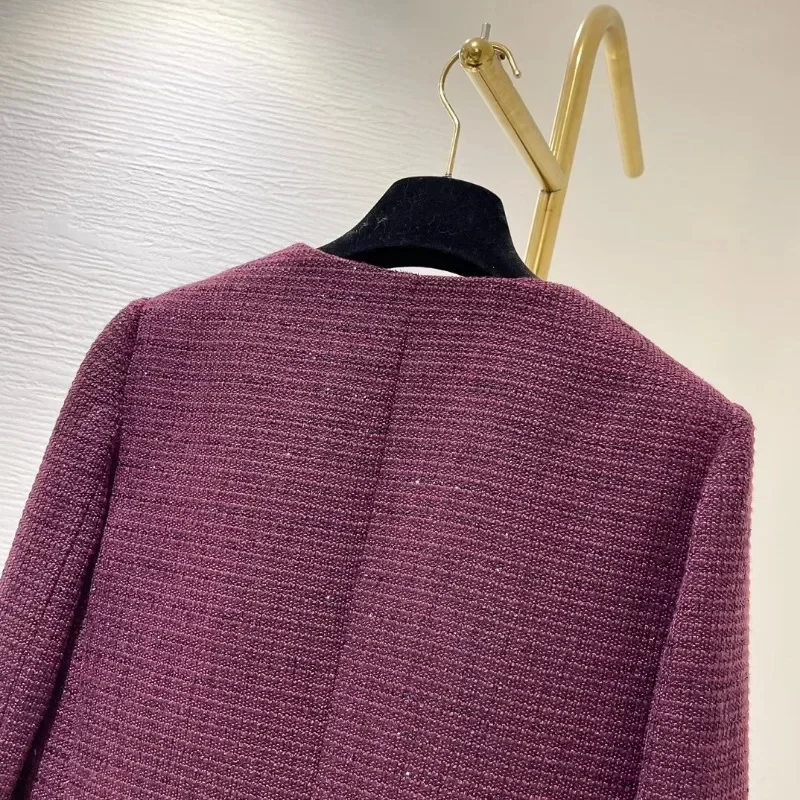 Женская куртка с блестками Bugundy элегантная твидовая круглым вырезом и длинным