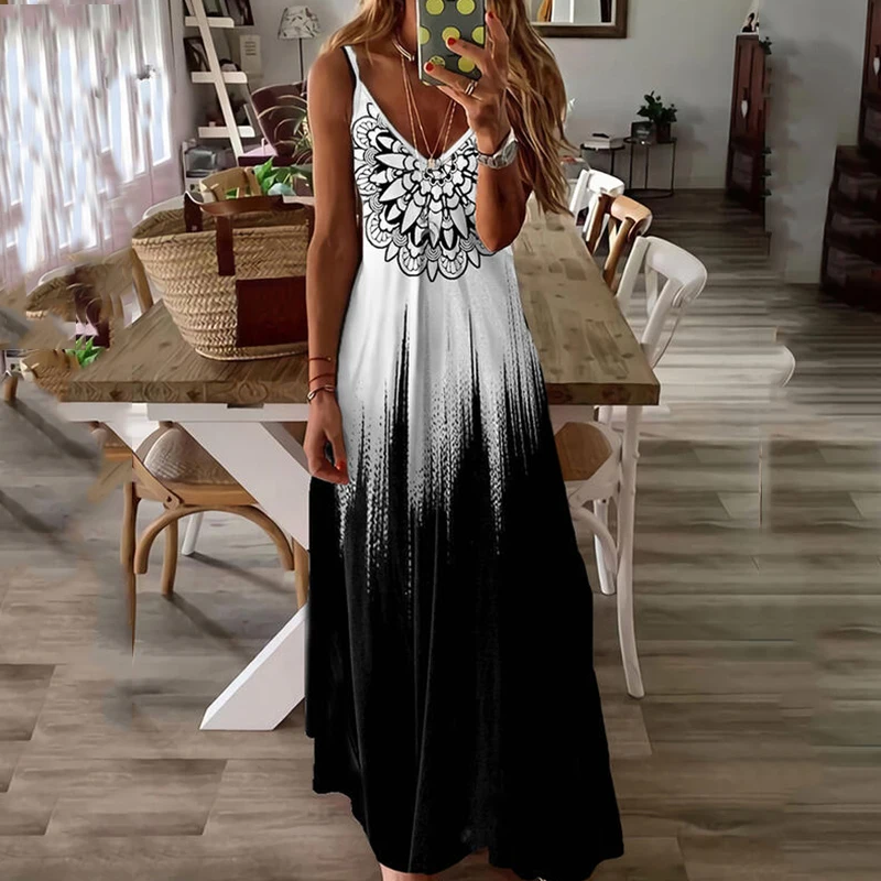 

Женское платье-макси с цветочным принтом, V-образным вырезом и завышенной талией