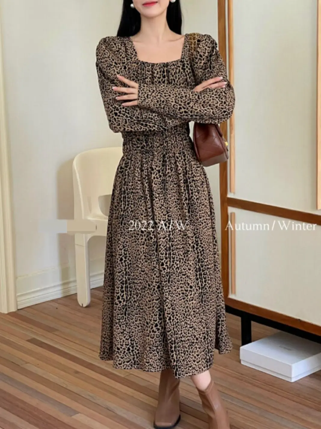 

Toppies Women New Korean design leopard pattern dress square collar slim fit long dress