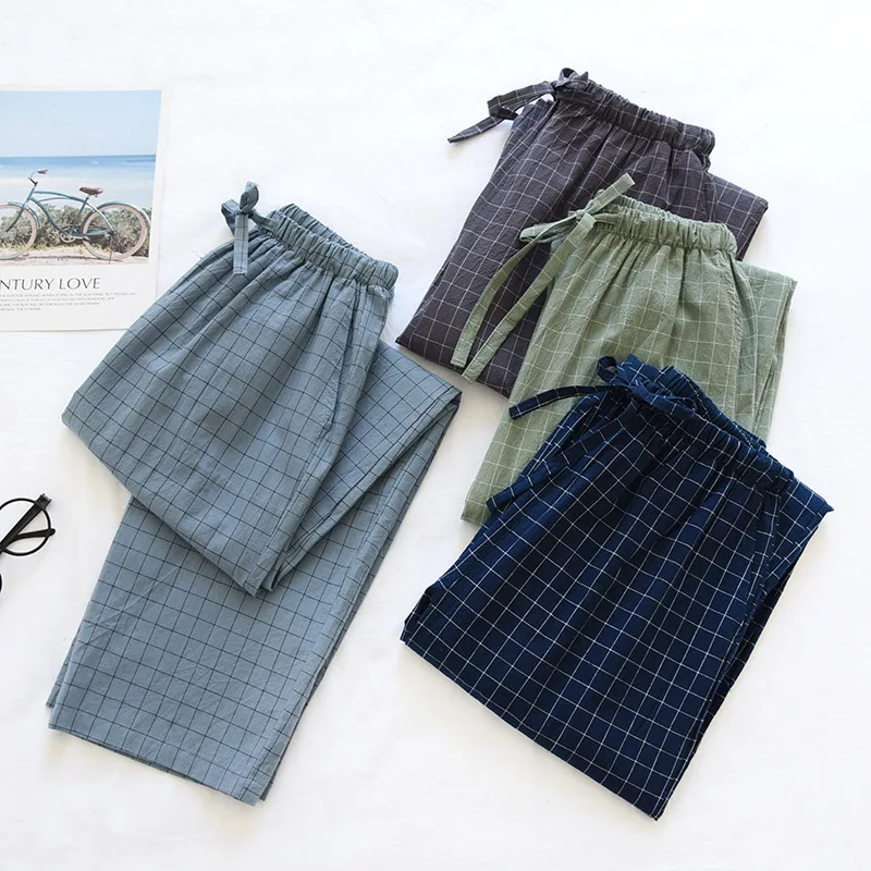 Cotton Pajamas Men's Trousers Pure Cotton Spring Autumn /Summer Japanese Plaid Home Pants Loose Home Plus Size Pajama Pants Men