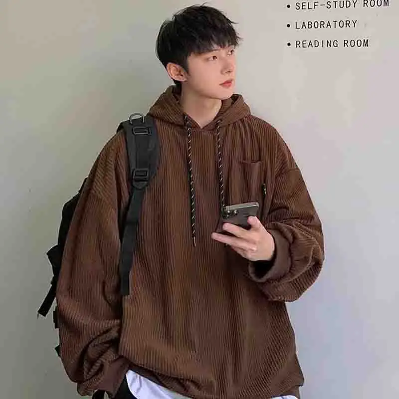 

2023 Spring Corduroy Long Sleeve Men Hooded T Shirt Vintage Fashion Casual Harajuku Oversized Pullover Black Punk Streetwear Top