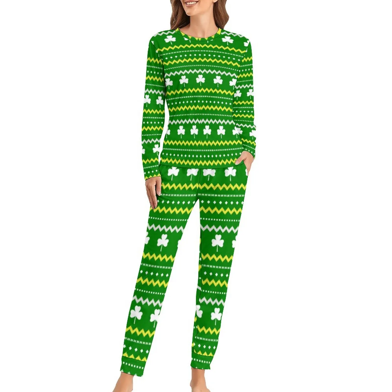

St Patricks Day Pajamas Vintage Fair Isle Fashion Pajama Sets Female Long Sleeve Casual Nightwear Big Size 5XL 6XL