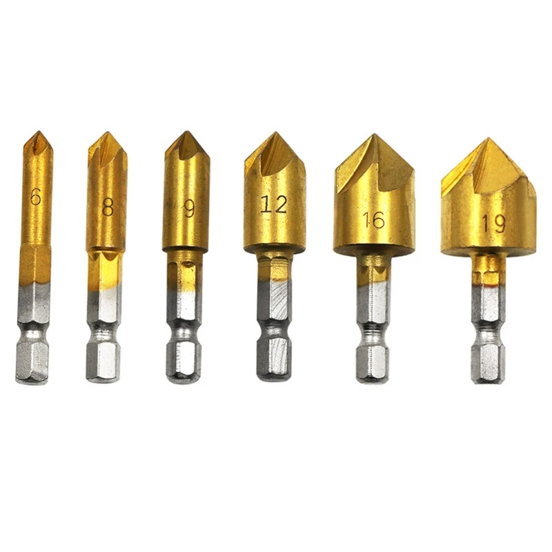 

Hex Shank Countersink Drill Bit 6-19mm Set Titanium Coated 5 Flute Hole Drill 90 Degrees Wood Chamfering Cutter
