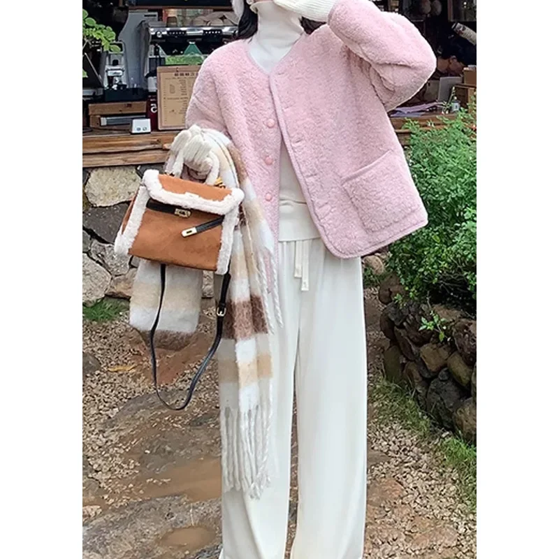 Shiyi розовая мягкая куртка из овечьей шерсти новинка 2024 зимний женский