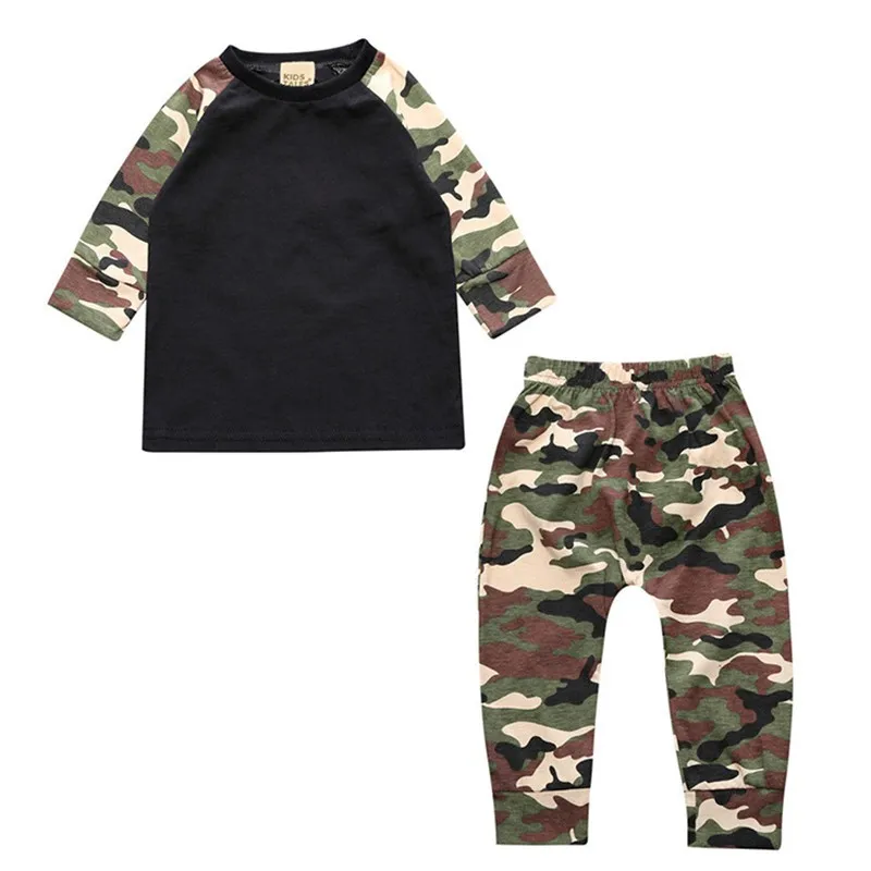 

Baby Boy Costume Suit Spring Autumn Patchwork Long-Sleeved Top Camouflage Print Pants 2Pcs Outfits 0-2 Year
