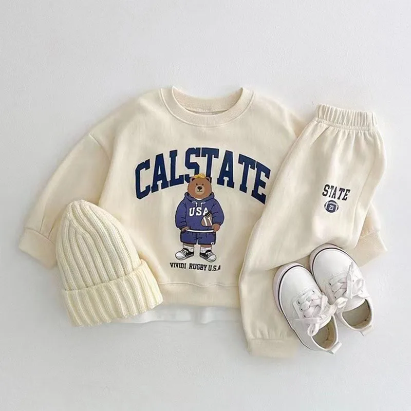 2022 Autumn New Baby Bear Print Clothes Set Kids Boys Long Sleeve Cartoon Sweatshirt + Solid Trousers Casual Children 2pcs Suit