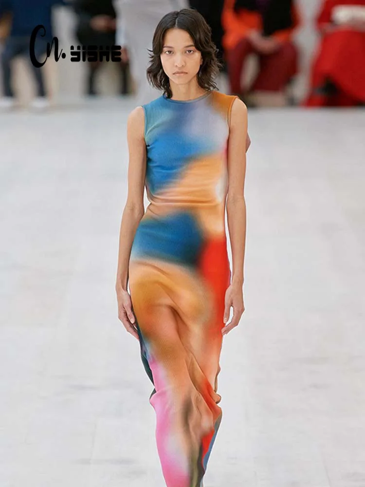 

CNYISHE Tie Dye O-neck Sleeveless Slit Maxi Dress Sexy Slim Summer Women Dresses Streetwear Party Club Clothing Vestidos Robes