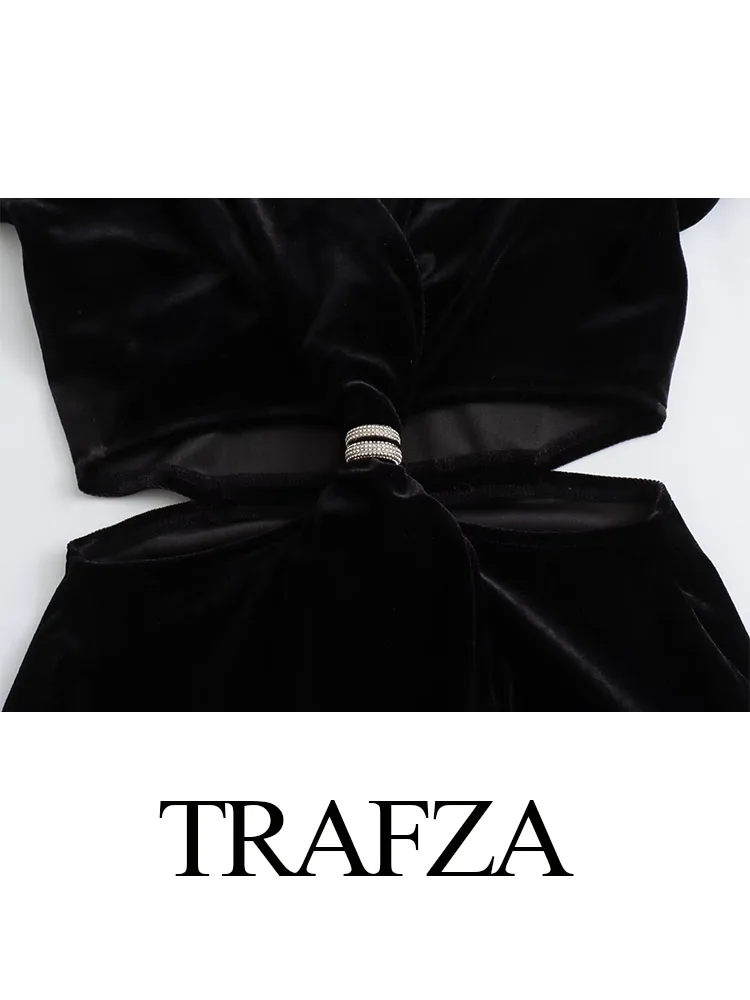 TRAFZA женское черное сексуальное модное бархатное платье миди с v-образным вырезом
