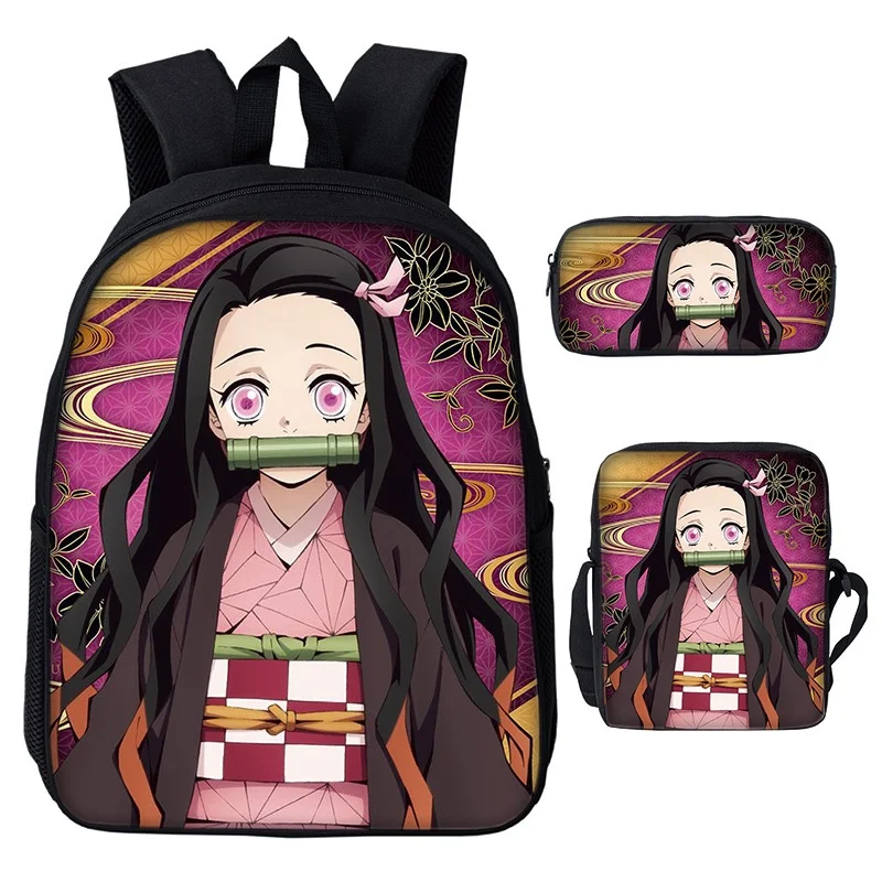 New Children Girls Boys Anime Backpacks 3 Piece Demon Slayer Nezuko Tanjirou Shoulder Bags 2022 Cute Kids Students Pen Bag Hot