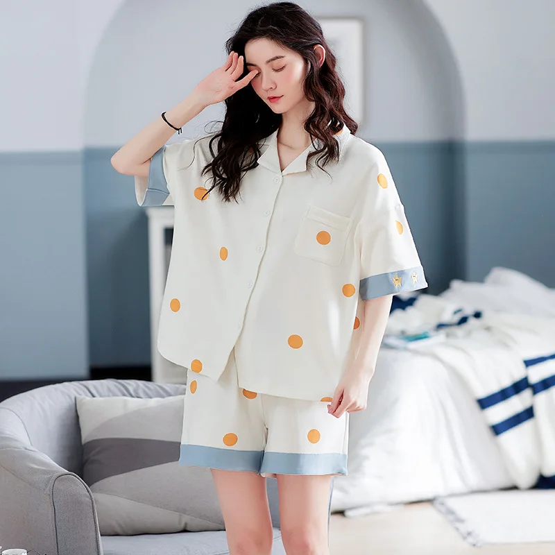 Two-piece Women Home Clothes Summer Pajamas Women's Home Wear Lapel V-neck Short-sleeve Shorts Nightwear Pijama Mujer Plus Size