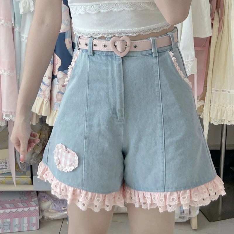 Y2K Summer Women Vintage Korean Sweet Lolita Lace Aesthetic Kawaii Denim Shorts Baggy Egirls Belts Short Pants Harajuku Clothes