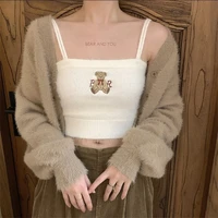 2022 bear embroidery crop tops sexy knitted spaghetti strap tanke top off shoulder sleeveless camis for women slim fit camisole