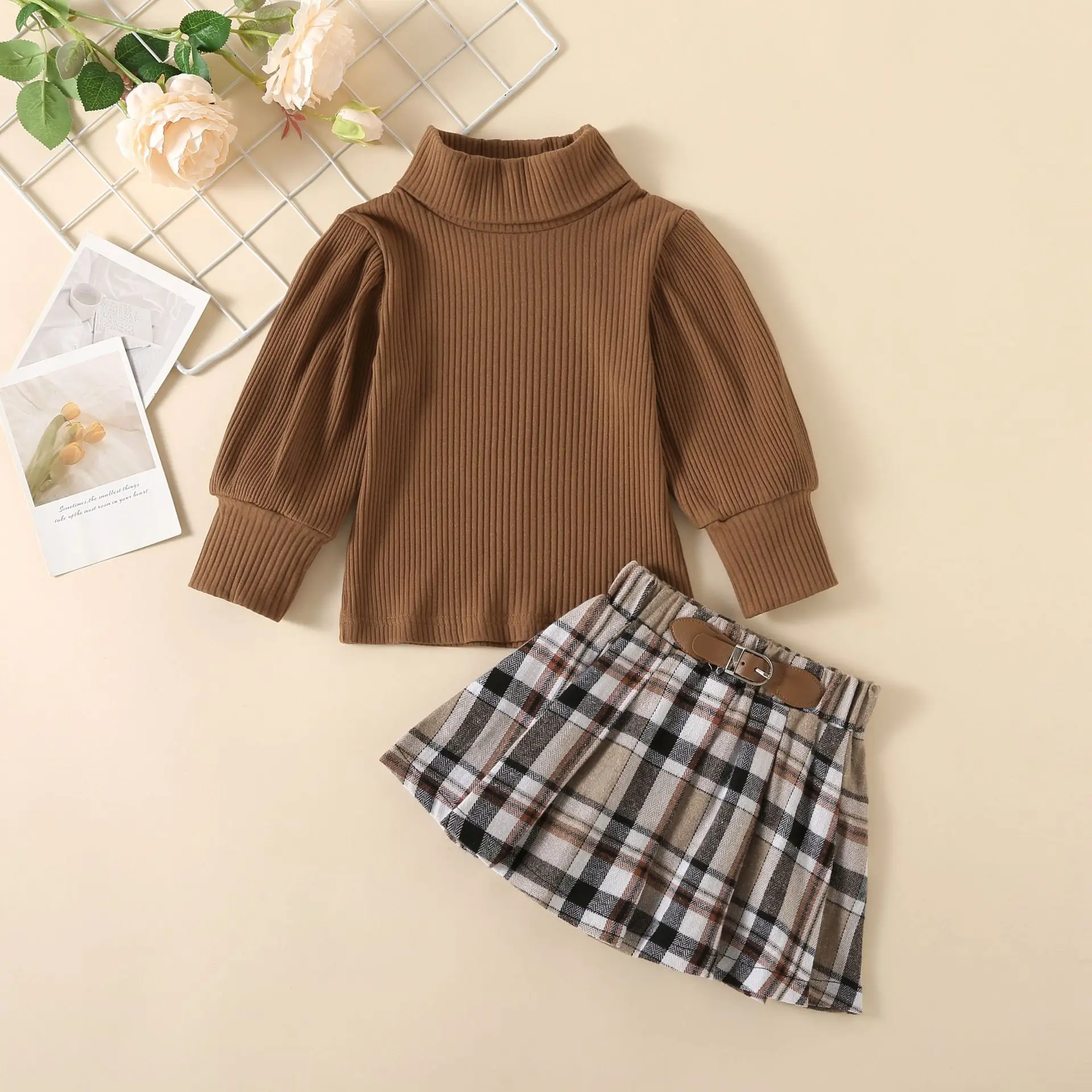 9M-5T Kids Girls Spring Autumn Clothes Set Baby College Style High Collar Pit Top+Plaid Pleated Skirt Trend Children Outfit 2Pcs