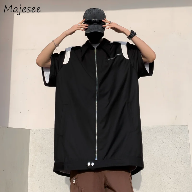 

Black Shirts Men Streetwear Zip-Up Y2K Clothing Hip Hop American Retro Summer Chic Camisas Teens Handsome Panelled Baggy Leisure