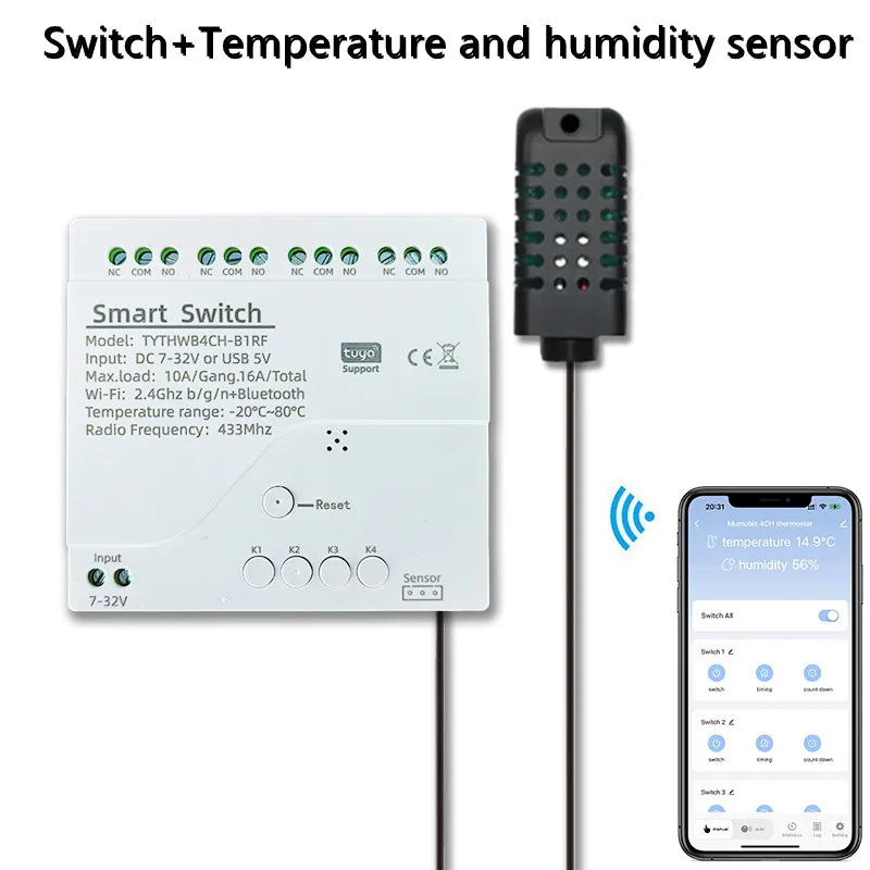 

mumubiz Tuya Smart WiFi 4-канальный реле с датчиком температуры и влажности