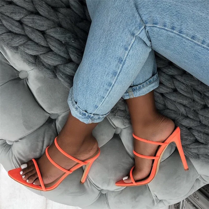 

Summer Women Sandals 12cm High Heels Mules Slides Lady Stiletto Heels Orange Slippers Neon Yellow Sandals Platform Fetish Shoes