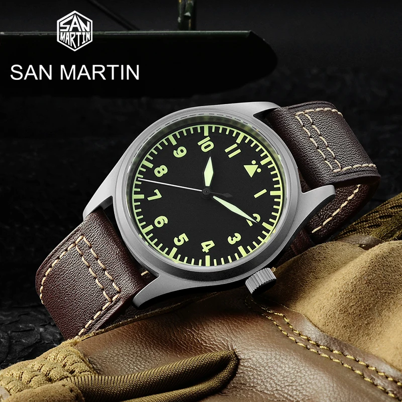 

San Martin Pilot Titanium Vintage Military Enthusiasts YN55 Automatic Mechanical Men Watch Leather Strap Waterproof C3 Luminous