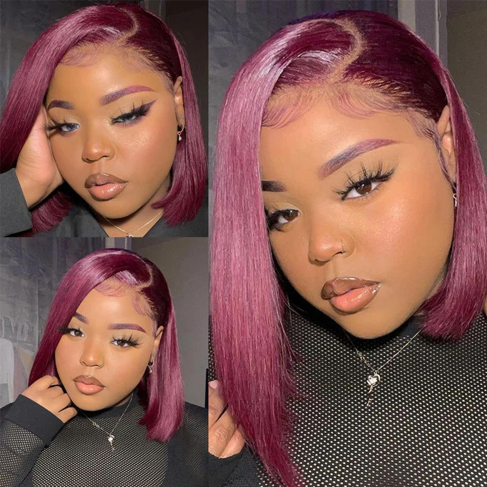 Striaght 99J бордовый боковой часть кружева короткий боб парики из натуральных волос