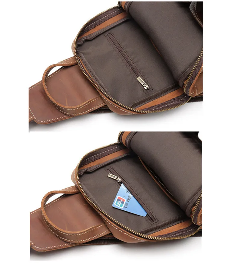 Vintage crazy horse cowhide men chest bag handmade outdoor daily sports natural genuine leather multi-pocket teens shoulder bag