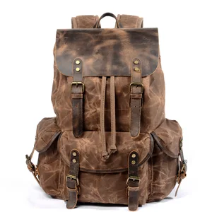 Vintage Canvas Backpacks Men Leather Waterproof Large Capacity Travel Bag Casual oil wax Canvas Lapt in Pakistan