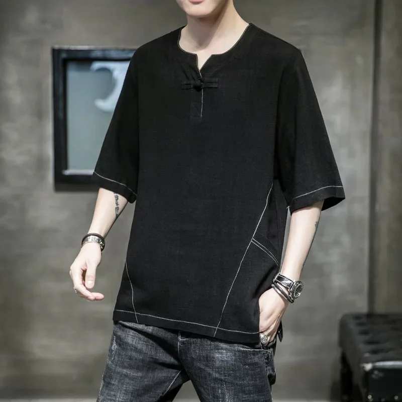 Новинка 2020 мужские топы в китайском стиле льняной костюм Тан с рукавом до локтя