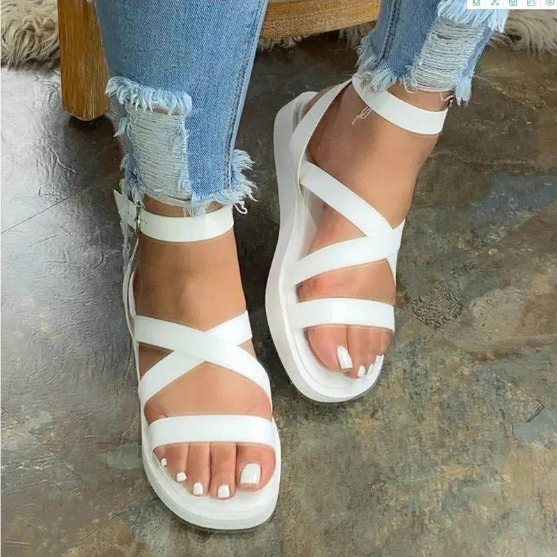 

Women Sandals Flats Shoes Summer PU Ankle Buckle Strap Gladiator Cross Ladies Comfort 2022 Casual Female Plus Size Woman Shoe