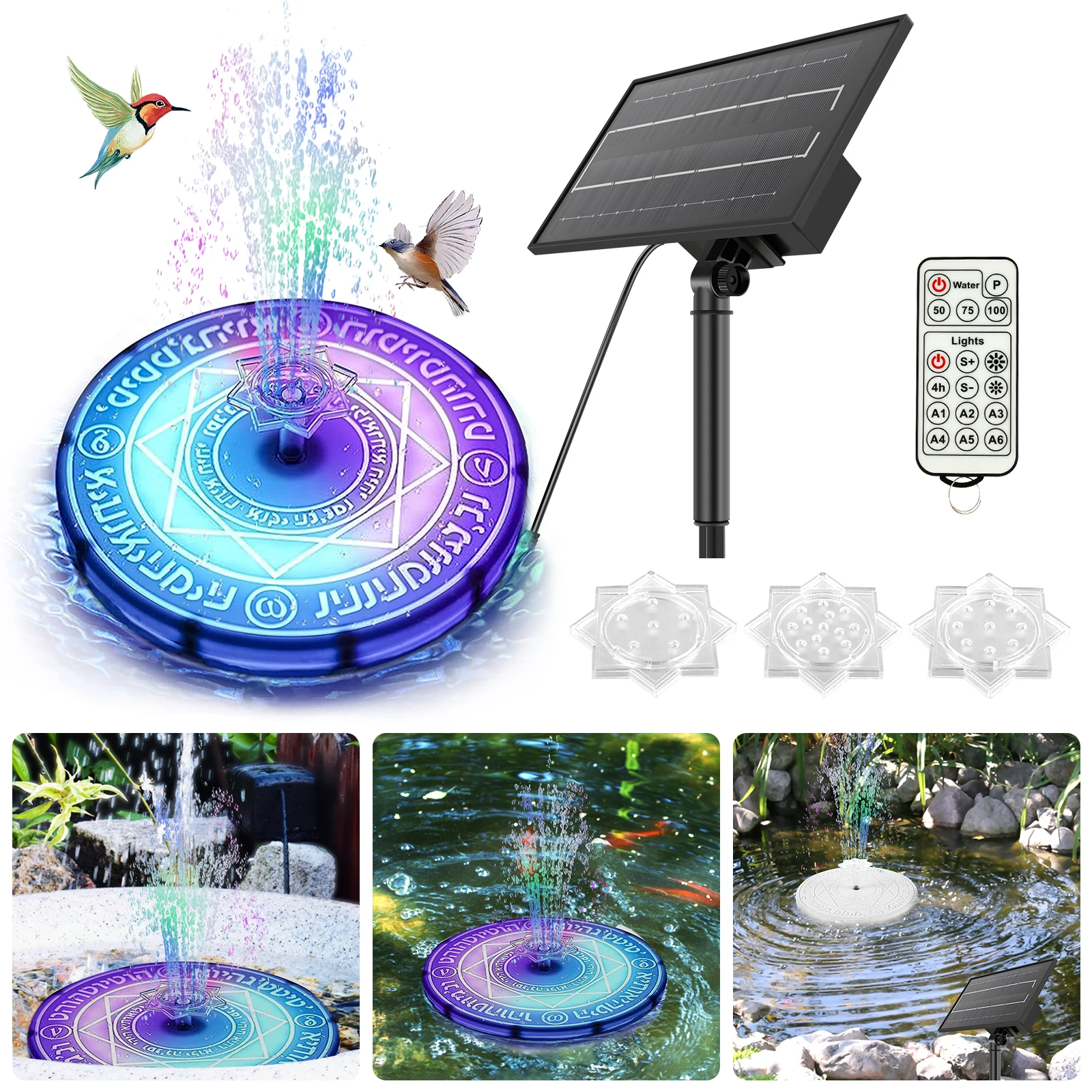 72LED Solar Fountain Pump 2.5W Remote Control Solar Water Pump Light IP66 Waterproof Solar Fountain Lamp with 3 Nozzles RGB