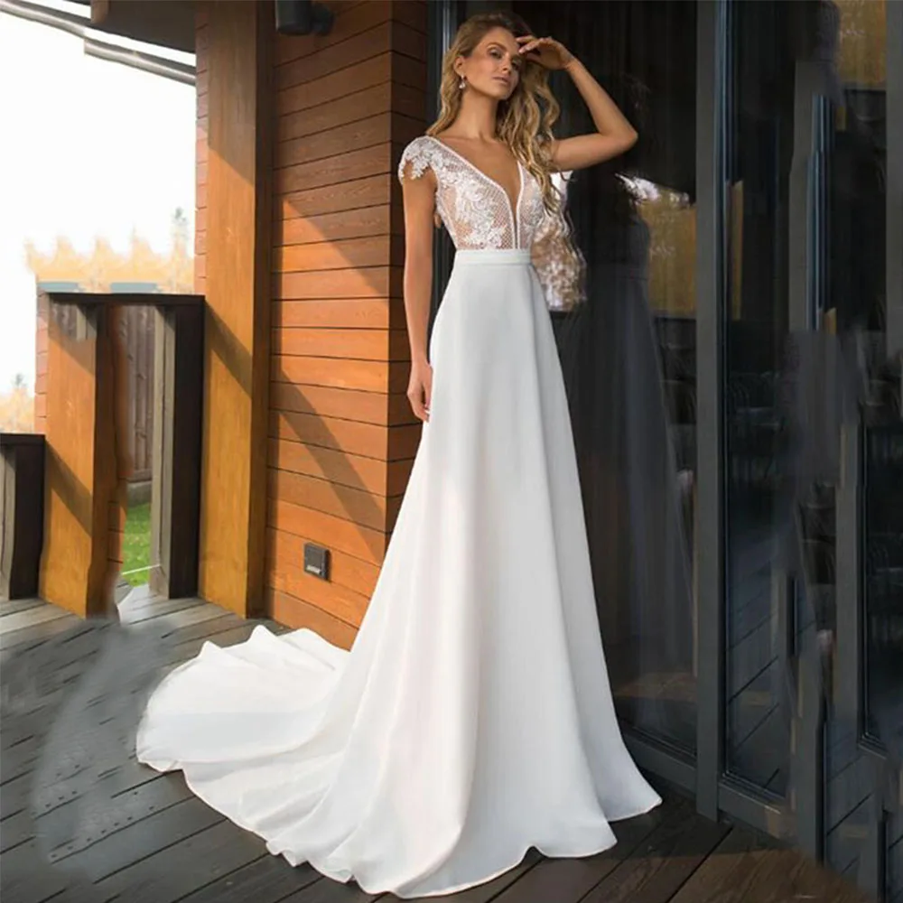 

Простое свадебное платье с V-образным вырезом и открытой спиной, атласное платье-трапеция со шлейфом, свадебное платье 2022, платья невесты с к...