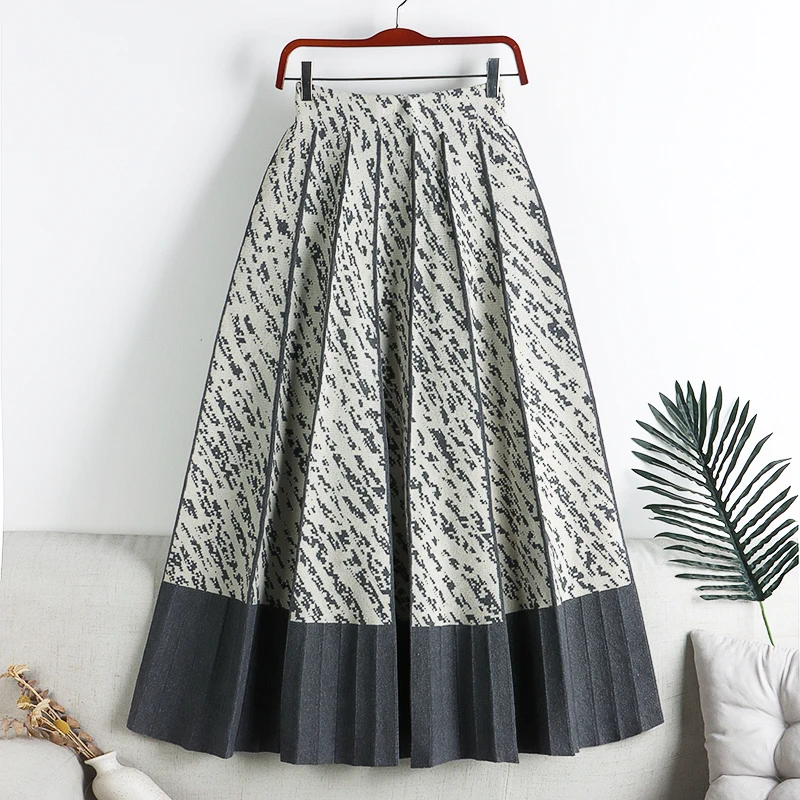 

New Autumn&Winter Skirts Pleated High Waist Elastic Knitted Mujer Faldas Long Color Block Skirt Casual Women Clothe Dropshipping