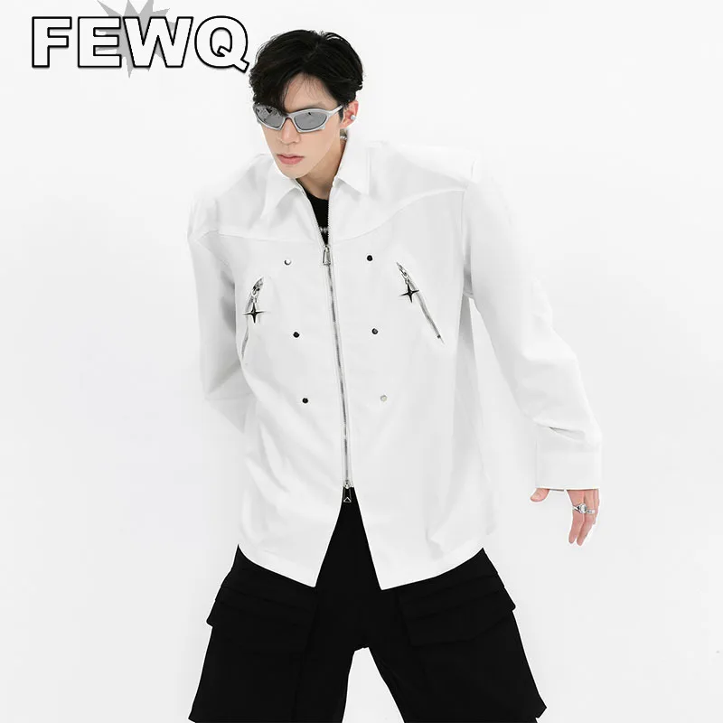 

FEWQ Metal Zipper Deconstructed Long Sleeve Shirts Men's High Street Shoulder Pad Cardigan Causal Niche Design Male Tops 24B3203