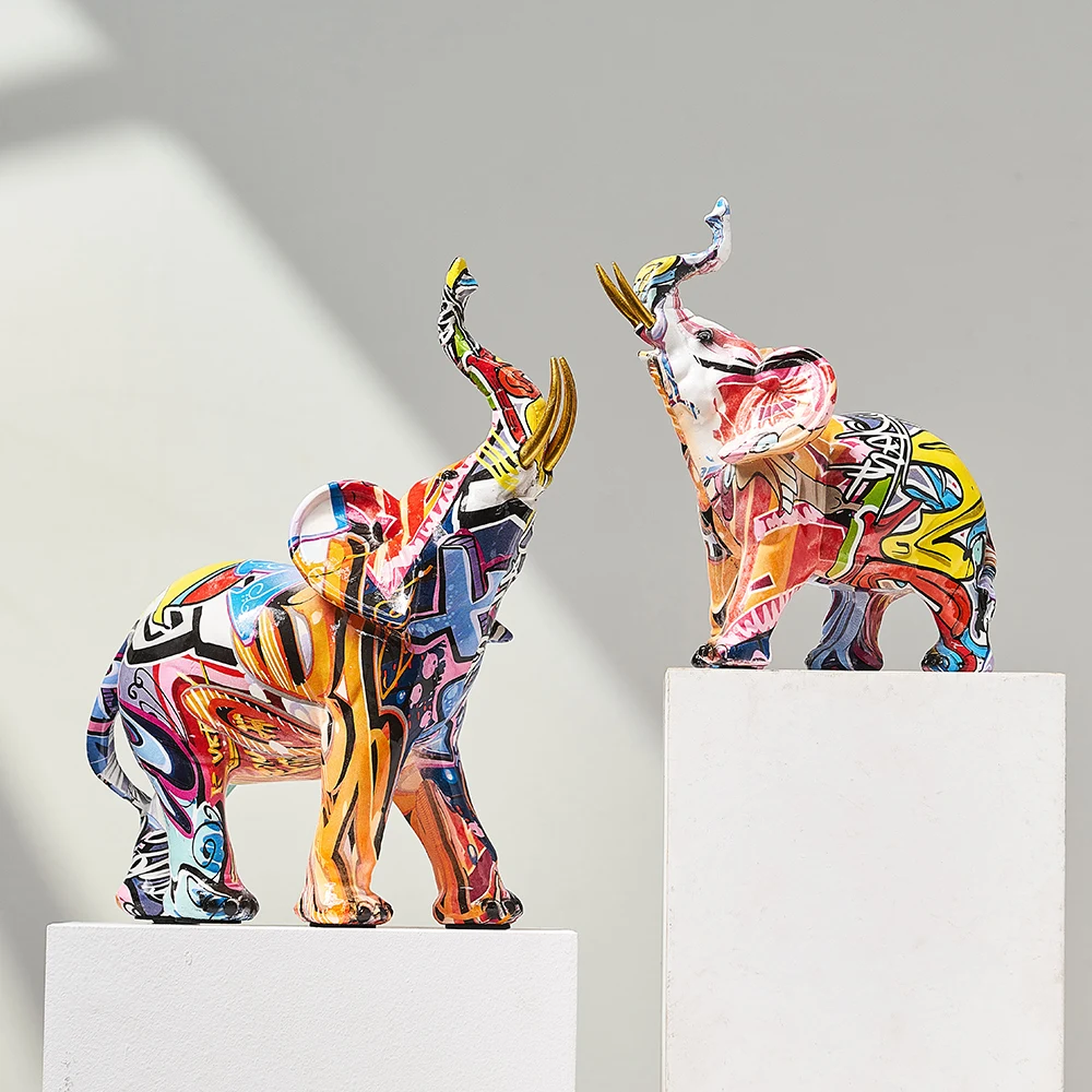 

Painted Colorful Elephant Figurine Home Decor Modern Wine Cabinet Office Decor Desktop Resin Crafts Miniatures Statue ornament