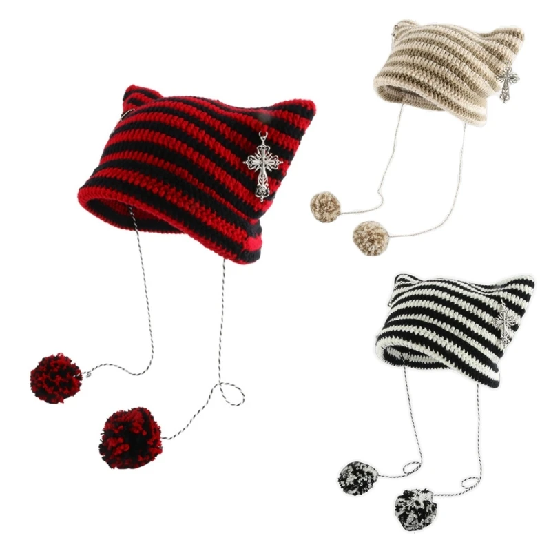

H9ED Little Devil Hat Devil Horn Hat Earflap Beanie Cat Ear Beanie Striped Knit Hat Crochet Knitted Hat Skullies Beanie
