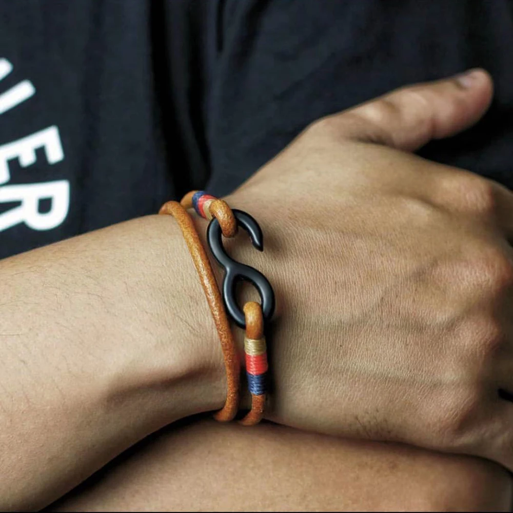 

Kirykle High Quality Fashion Hook Bracelet for Male Multilayer Warp Black Leather Bracelets Friendship Bangle Female Jewelry