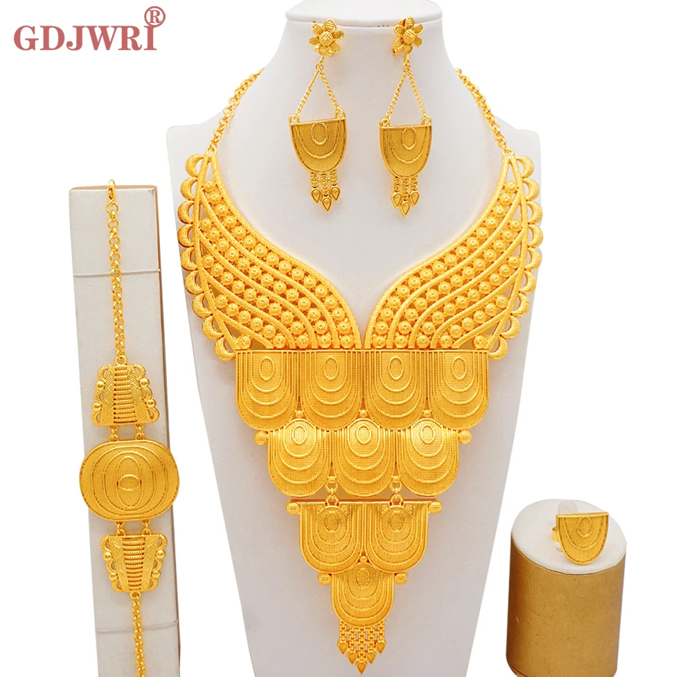 

Luxury Big Dubai 24K Gold Color Middle East Bridal Jewelry Sets Necklace Earrings Bracelet Ring Gifts Wedding Jewellery Set