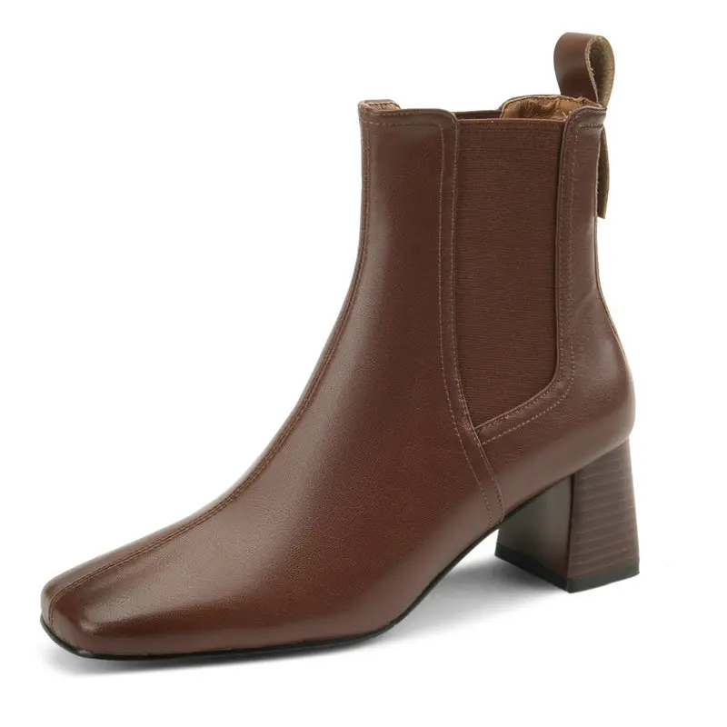 

New Women Ankle Boots Genuine Leather Elastic Band Office Ladies High Heels Square Toe Dress Shoes Autumn Winter Basic Pumps