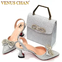 the latest ins style rhinestone bow side empty party high heels pointed toe stiletto heels silver womens shoes and bags