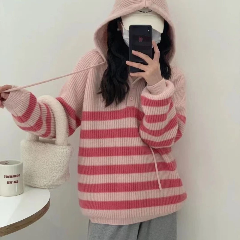 

Women Autumn Stripe Print Knitted Warm Sweaters Female Long Sleeve Hooded Sweater Tops Ladies Soft Knit Casual Loose Jumper G536