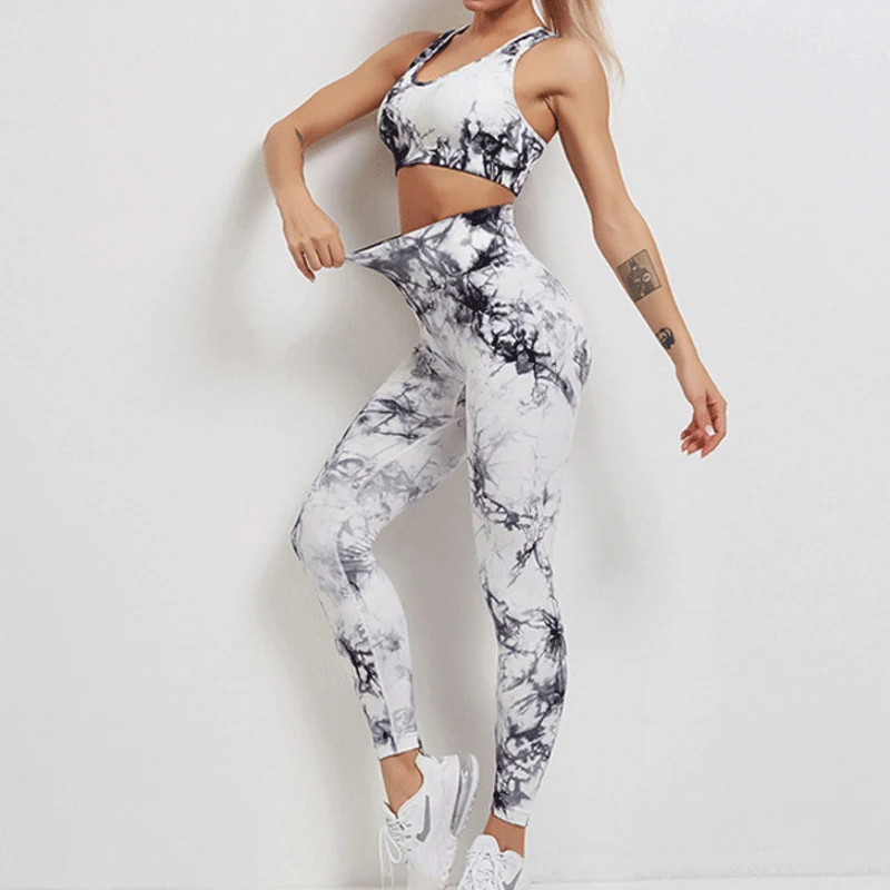 

2023 Seamless Tie-Dyed Yoga Sets Sports Fitness High Waist Hip Raise Pants Bra Suit Gym Leggings Set for Women Workout Clothes