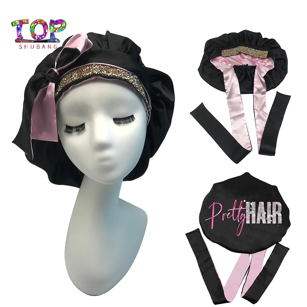 Custom Logo Rhinestone Designer Hair Bonnets And Satin Hair Wraps Wholesale Satin Silk Bonnet