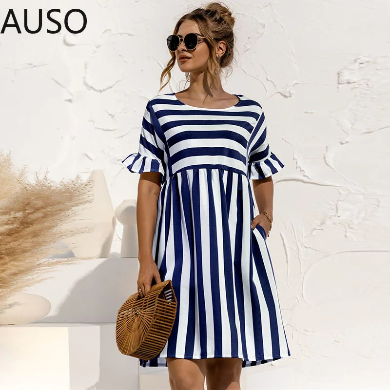 

Women Summer Dress Cute Loose Striped Print Ruffles Sleeves Dresses Elegant A Line Patchwork Beach Party Female Dress Vestidos