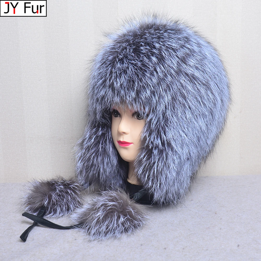 New Fluffy Soviet Hat Real Fox Fur Hats for Woman Winter Octopus Bomber Earflap Knitted Ball Fashionable Flap Cap Mongolian hat