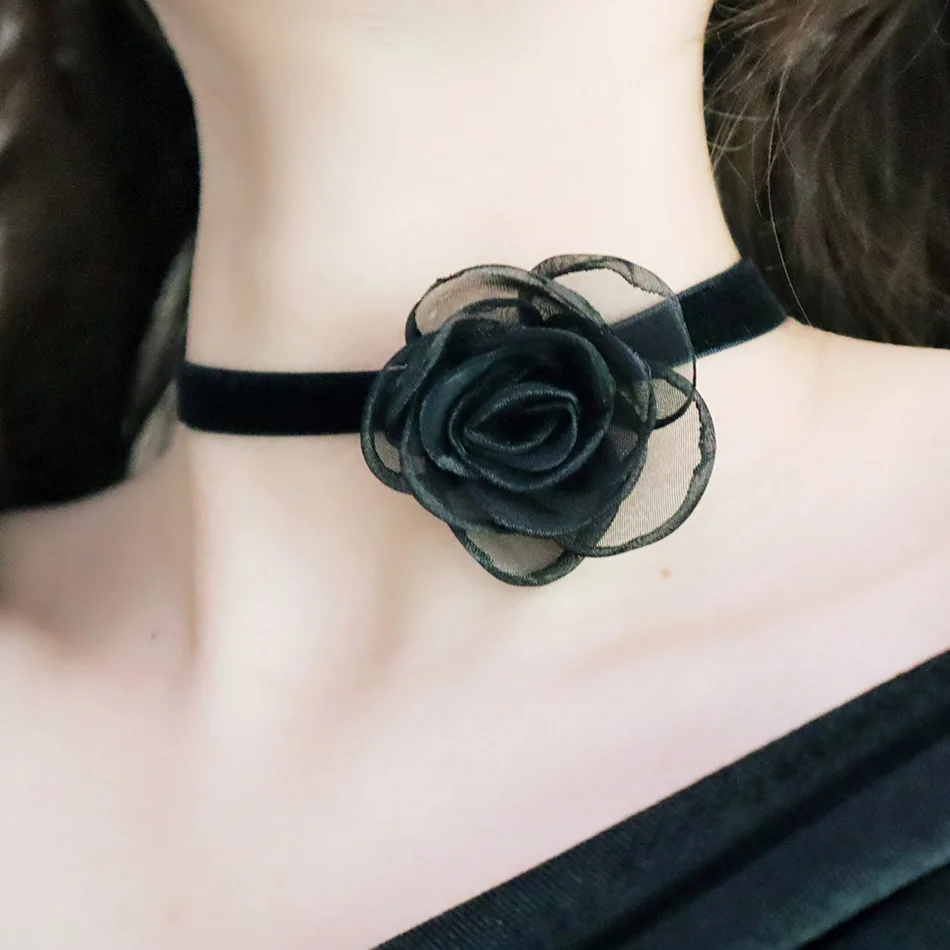 Черный чокер с цветком камелии ожерелье до ключиц женское ювелирное изделие