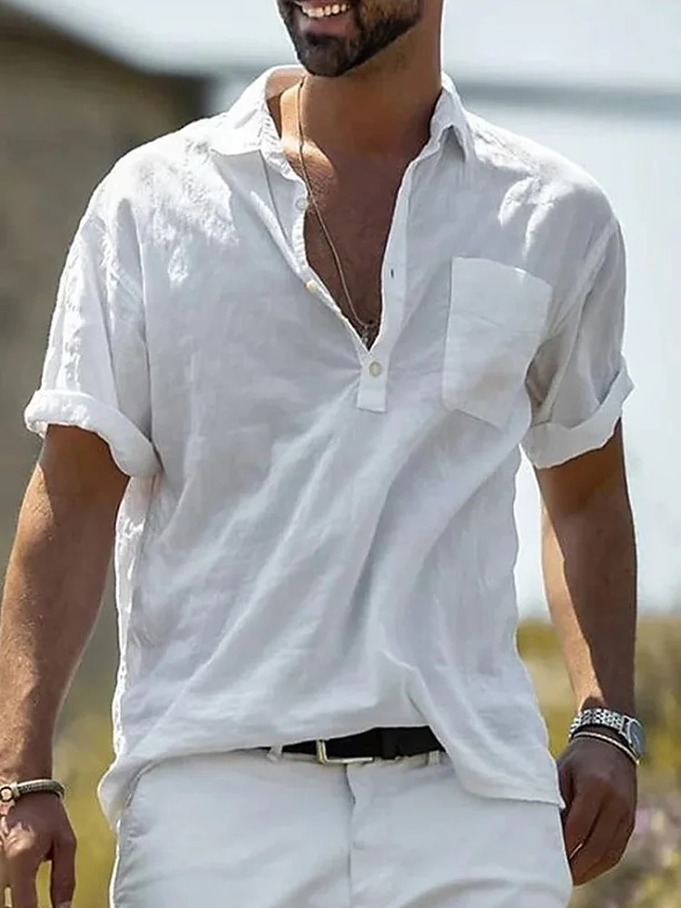 

Summer Solid Short Sleeve Shirt Men Spring Casual Beach Tops Pullover New Fashion Mens Turn-down Collar Button Shirt Streetwear