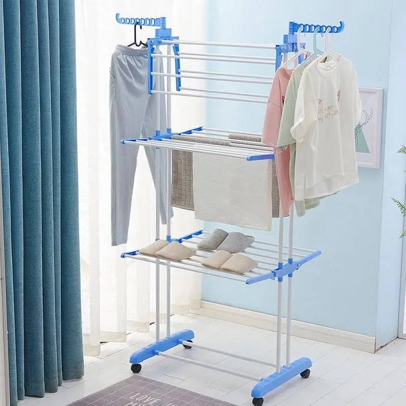 

3 Layer Double-pole Folding Wing Drying Rack Multifunctional Clothes Hanger Adjustable Clothing Storage Rack With Wheels HWC