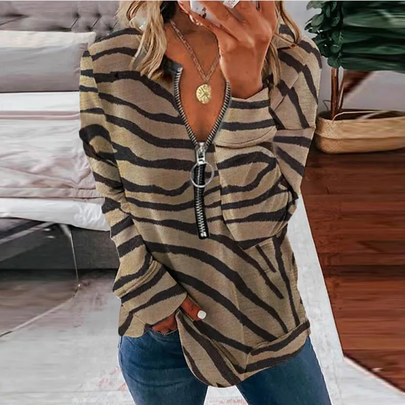 

2022 New Spring Fashion Blouse Long Sleeve Sexy Zipper V Neck Ladies Loose Shirt Vintage Stripe Print Casual Shirt Top Women