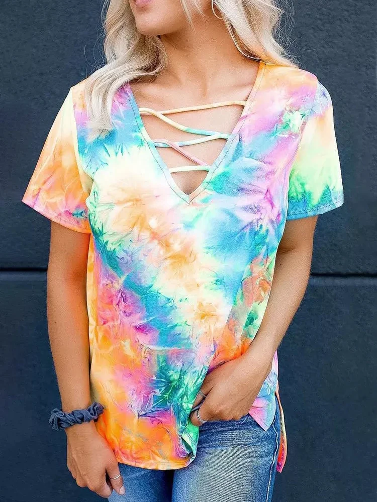 

Summer Short Sleeve T-shirt Tie Dye Criss-Cross Hollow Out Blouse Casual O Neck Tops Women Fashion New Sexy Camisetas