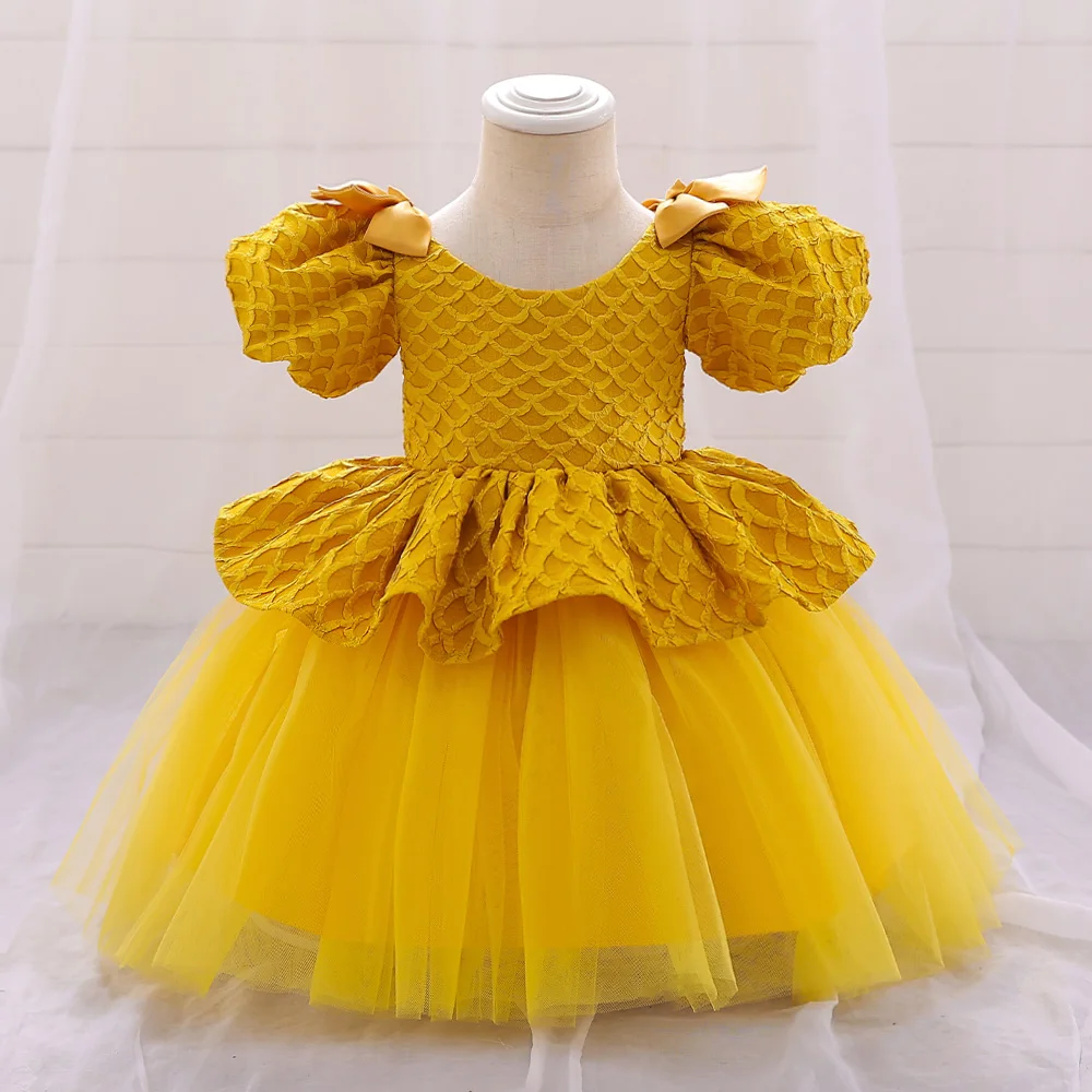 

Baby Girl 1st Birthday Party Dresses Yellow Puff Sleeve Layered Tulle Tutu Gown Infant Formal Pageant Prom Kids Costume Vestidos